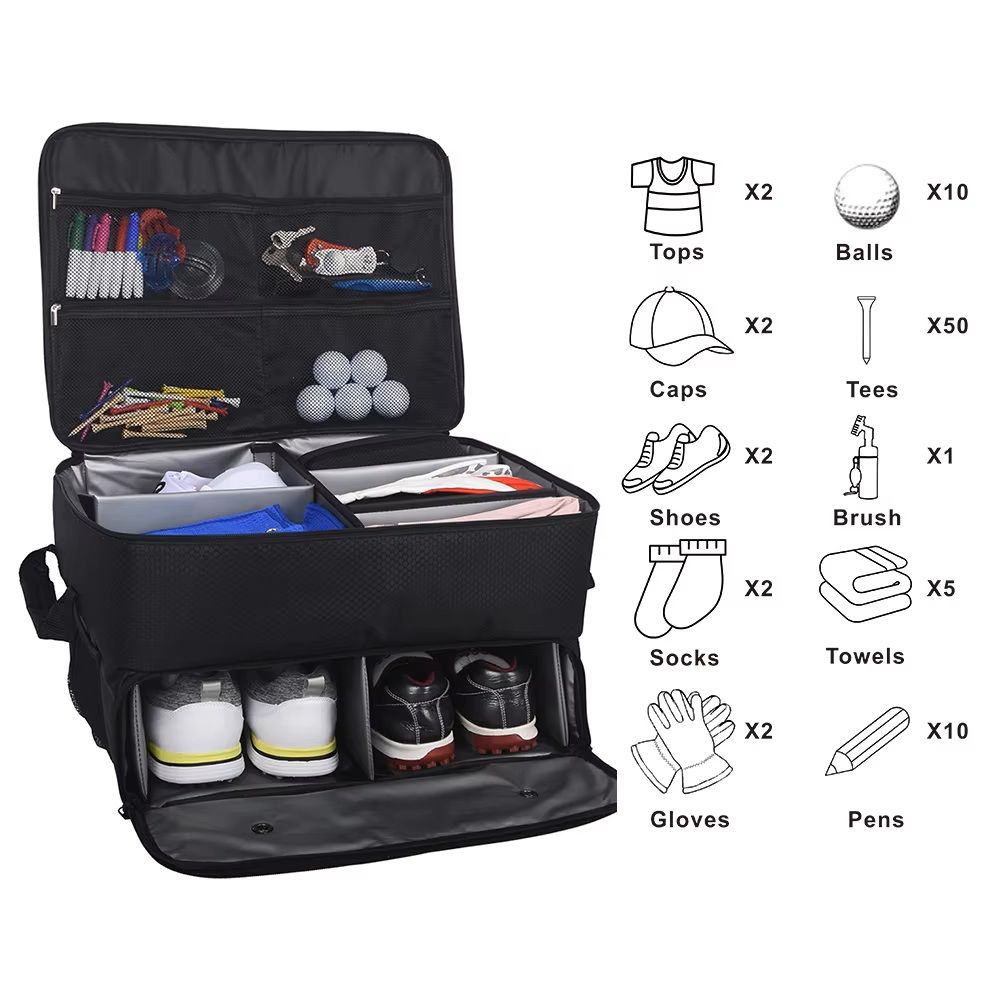 Travel Organizer Men - กระเป๋าจัดระเบียบท้ายรถสำหรับกอล์ฟ ช่องเก็บรองเท้าผ้าอ็อกซ์ฟอร์ด กันน้ำ ความจุขนาดใหญ่ กระเป๋าเก็บของในรถ อุปกรณ์กีฬา